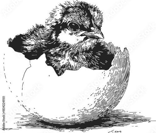 Chick hatching sketch, hand drawn baby bird emerging from eggshell. Vector illustration
