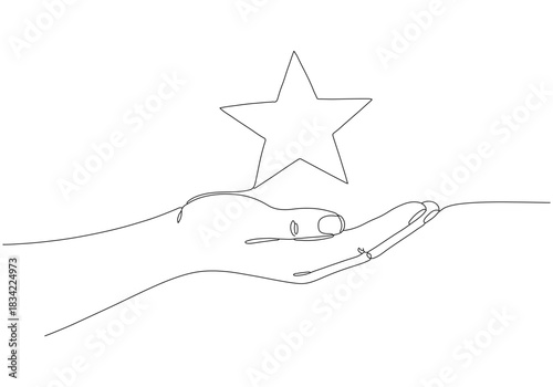 A human hand holding a star, depicted in a minimalist continuous line art drawing style, symbolizing quality and success