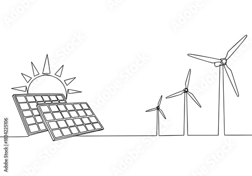 One continuous line art drawing of solar panels, the sun, and wind turbines representing clean energy technology development