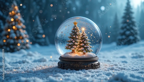 Magical snow globe with Christmas trees brings winter wonder to holiday promotions and seasonal greetings, perfect for festive campaigns and heartwarming designs