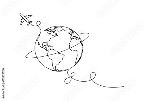 Dynamic continuous line art drawing capturing an airplane's flight path around the entire planet