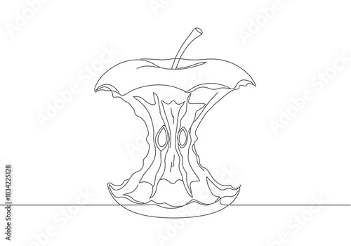 Continuous line art drawing of an apple core, minimalist fruit illustration design element