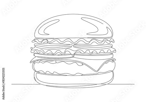 A delicious classic burger depicted in a continuous line art drawing, a minimalist fast food illustration concept