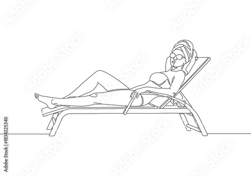 Elegant continuous line art drawing of a serene woman unwinding in a comfortable lounge chair