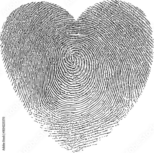 Fingerprint heart sketch, hand drawn style, detailed black lines forming heart shape. Vector illustration