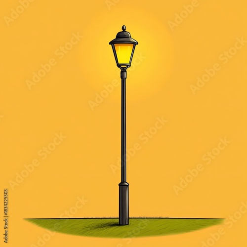 Lit vintage black street lamp stands tall on green ground against bright yellow background