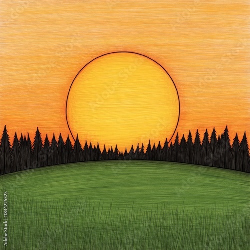 Stylized drawing of a bright yellow sun setting behind a dark forest silhouette over a green hill