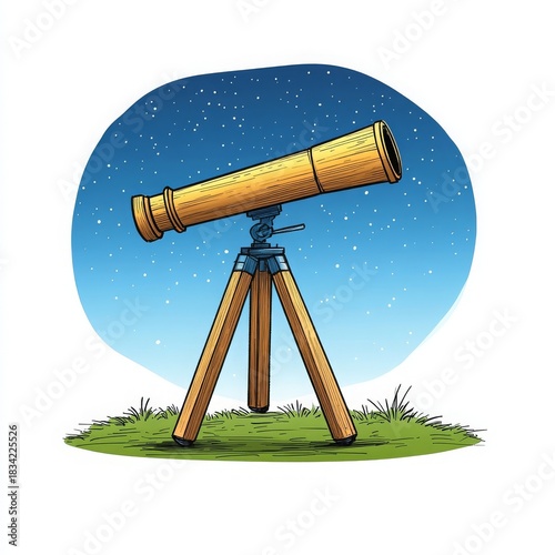 Vintage brass telescope on a wooden tripod aimed at a bright starry night sky