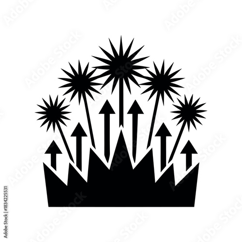 Silhouette of fireworks forming stock symbols, black vector, minimal, white background