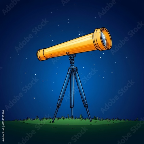 Yellow refracting telescope on a tripod stands on grass beneath a starry night sky