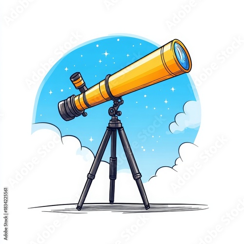 Bright yellow telescope mounted on a tripod against a blue starry sky and clouds
