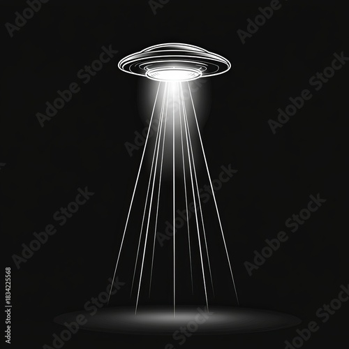 Glowing white flying saucer hovering and emitting bright downward tractor beam light rays