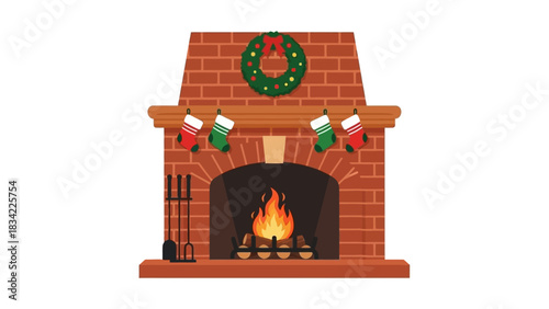 Cozy Christmas Fireplace with Stockings and Fire Vector