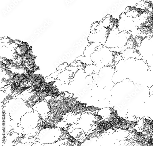 Clouds sketch hand drawn detailed cumulus cloudscape with crosshatch shading. Vector illustration