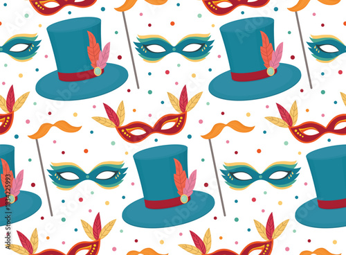 Seamless pattern with colorful carnival elements. Background with masks, hat, mustache and confetti.