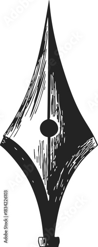 Fountain pen nib sketch hand drawn with textured lines and breather hole. Vector illustration