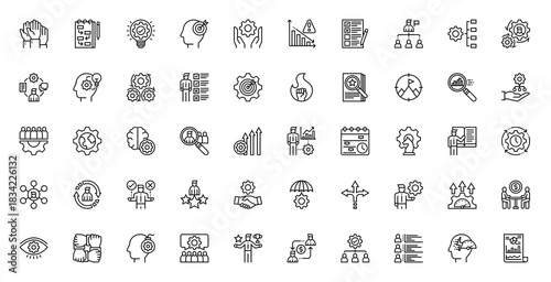 Set of Management vector. Participation, Plan, Inspiration, Purpose, Hands, Crisis, Evaluation, Leadership, Operating, Manager, Idea, Process, Skills, Target, Motivation, Assessment, Mission icon.