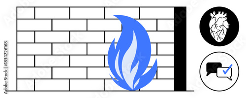 Brick wall with blue flame, anatomical heart, and chat bubble with check mark in modern flat style. Ideal for security, protection, communication, technology, health, verification firewall metaphor