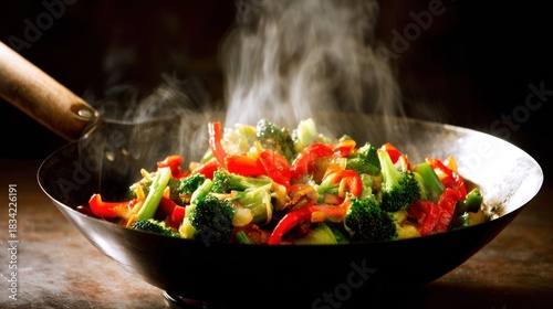 Hot vegetables stir fry in the pot, revealing vibrant bell peppers and broccoli, with steam constantly rising.