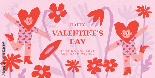 Happy Valentine’s Day card with funny groovy heart head characters dancing among bright flowers on pink background. Playful romantic greeting card, poster, banner