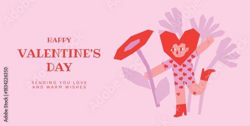 Happy Valentine’s Day greeting card with dancing groovy heart shaped character and big flowers on pink background. Fun romantic illustration for posters, promo, invitations