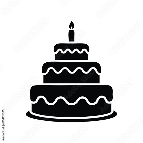 Black Silhouette of a Three- Tiered Birthday Cake with Candle birthday cake