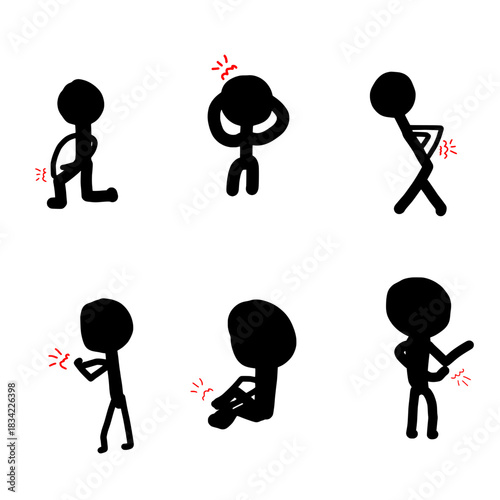 Stick Figure Body Pain and Injury Icon Set Depicting Various Aches