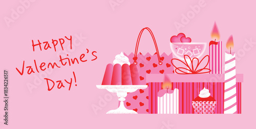 Happy Valentines Day illustration with pink desserts, candles, cocktail glass and gift bag. Romantic festive composition with hearts and sweet treats for greeting card or banner. Vector design