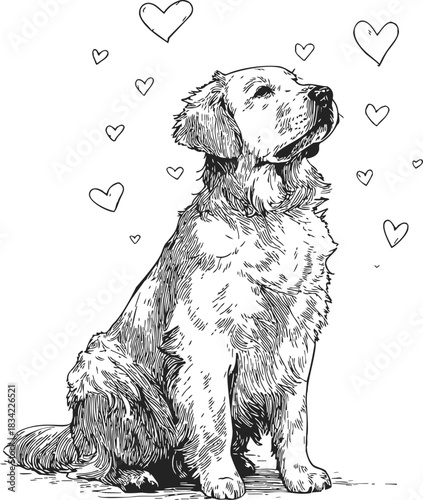 Golden retriever dog sketch hand drawn with hearts, sitting and looking up. Vector illustration