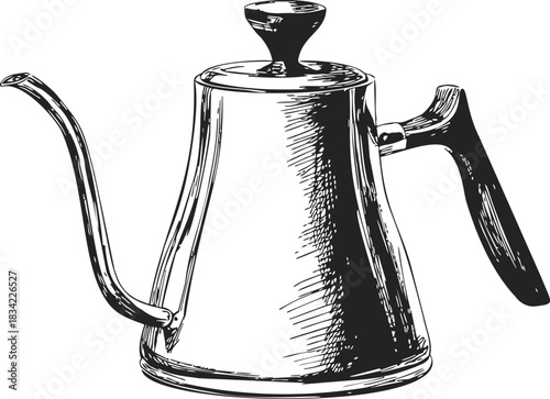 Gooseneck kettle sketch, hand drawn style with detailed spout and handle. Vector illustration