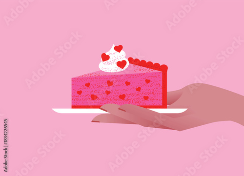 Hand holding a slice of pink Valentine cake with whipped cream and red heart sprinkles on a soft pastel background. Sweet romantic dessert illustration for greeting cards, posters and social media