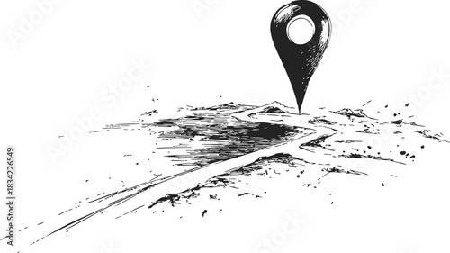 Location pin sketch, hand drawn map marker on winding road landscape. Vector illustration