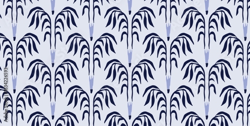 Seamless floral pattern with violet flowers and elegant bending navy leaves. Modern botanical ornament for wrapping paper, fabric, and promotional banner design