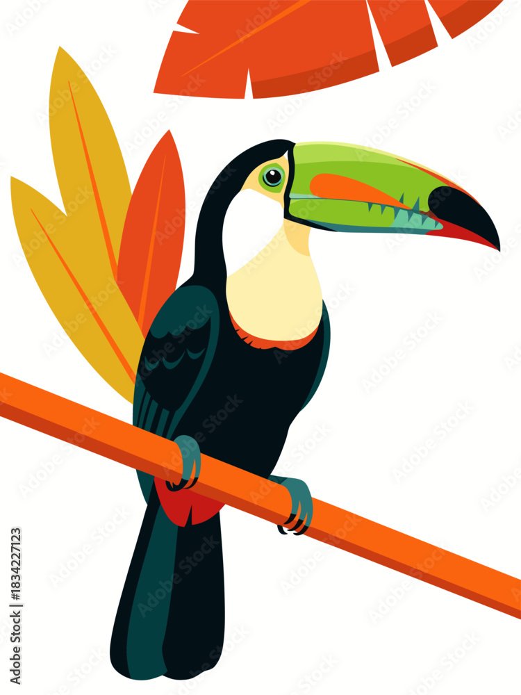 Fototapeta premium Vibrant Toucan Perched on a Branch Amidst Tropical Foliage, A Colorful Avian Specimen in a Lush Natural Setting