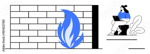 Firewall concept. Digital protection highlighted by a firewall with flame icon and individual using a laptop. Firewall ensuring online security for networks, data, and business systems