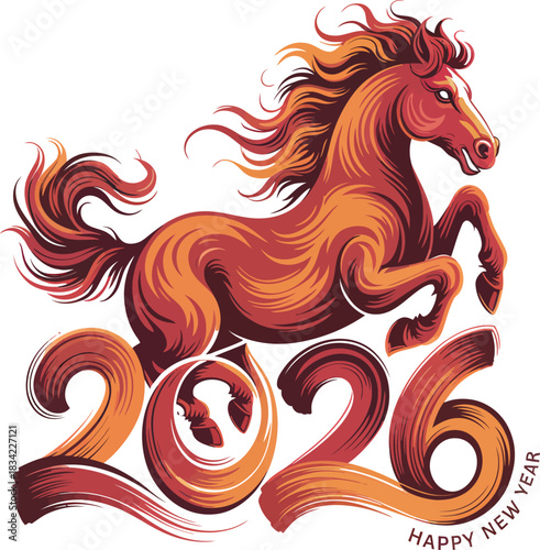 Year of the horse 2026 celebrations dynamic lunar new year design with elegant horse illustration for festive greetings and cultural celebrations