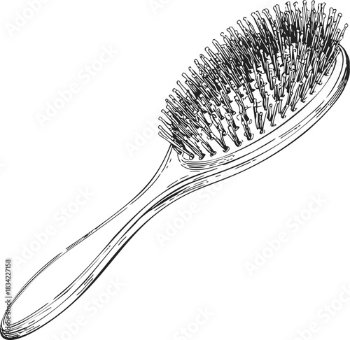 Hairbrush sketch hand drawn style with detailed bristles and handle. Vector illustration