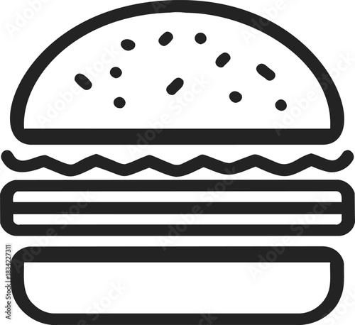 Burger icon sketch, hand drawn line art with sesame bun and patty. Vector illustration