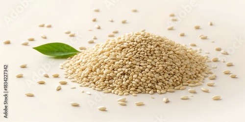 Fresh hulled hemp seeds with a green leaf, perfect for showcasing healthy superfoods and organic ingredients in your next recipe