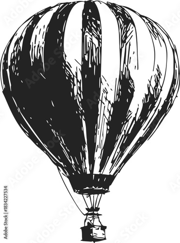 Hot air balloon sketch, hand drawn style with striped envelope and basket. Vector illustration