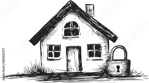 House with padlock sketch, hand drawn home security concept. Vector illustration
