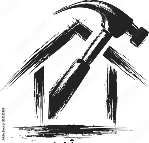 Hammer sketch hand drawn over abstract house shape construction symbol. Vector illustration