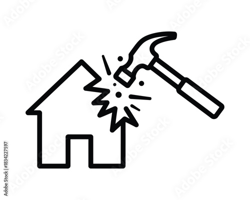 Hammer Breaking House Icon: Demolition, Renovation, and Destruction