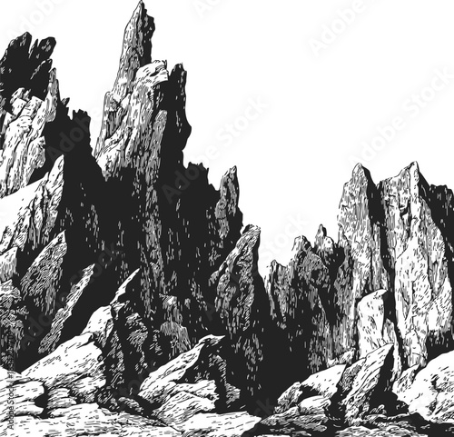 Rock formations sketch, hand drawn jagged cliffs and rugged peaks landscape. Vector illustration