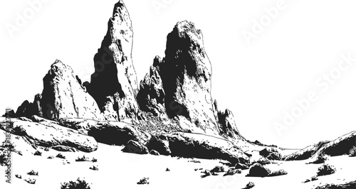 Rock formations sketch, hand drawn desert landscape with rugged cliffs and boulders. Vector illustration