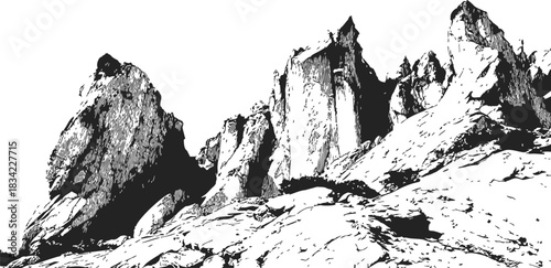 Mountain cliffs sketch, hand drawn rocky peaks and rugged landscape. Vector illustration