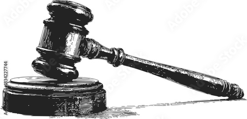 Gavel hand drawn sketch with sound block, detailed wooden mallet. Vector illustration