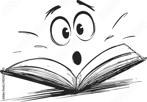 Surprised book sketch hand drawn with expressive face and open pages. Vector illustration