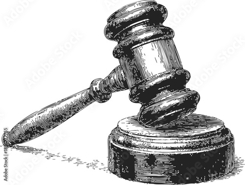 Judge gavel sketch hand drawn style with wooden sound block. Vector illustration