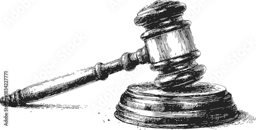 Gavel hand drawn sketch with sound block in vintage engraving style. Vector illustration